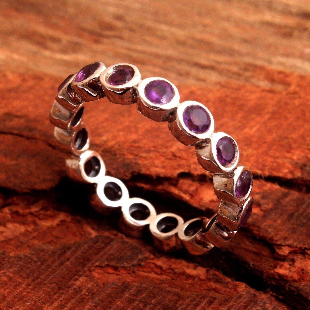 925 Sterling Silver Eternity Band Handmade Ring, Amethyst Gemstone Ring