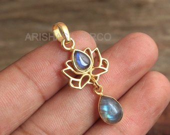 Labradorite Lotus Pendant: Handmade 925 Sterling Silver Boho Jewelry