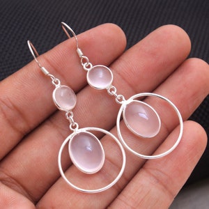 Brincos de Quartzo Rosa em Prata de Lei - Joias Pendentes Feitas à Mão