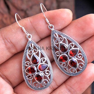 Orecchini Pendenti A Foglia In Argento 925 Con Granato Rosso Naturale – Pietra Di Gennaio, Lunghezza 4 Cm