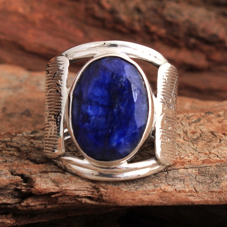 925 Sterling Silver Handmade Designer Unisex Ring Jewelry Size US 5.25 ar5377 Faceted Blue Sapphire Oval Shape Gemstone Solid Ring