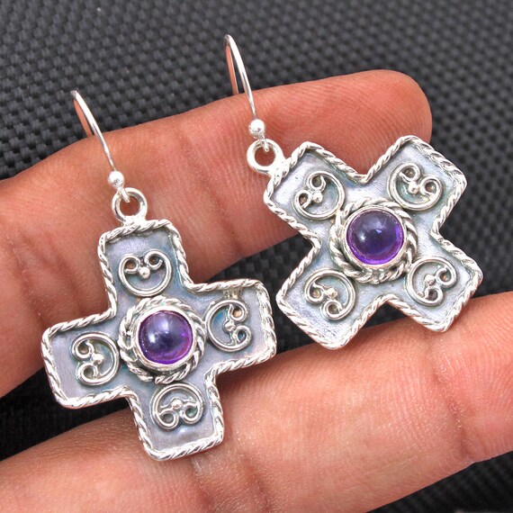 Boucles D'oreilles Argent 925 Avec Croix Et Améthyste - Pendantes, Crochet, Neuves