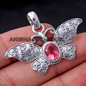 Butterfly Pendant, Pink Topaz Gemstone Pendant, 925 Sterling Silver, Designer Pendant, Handmade Jewelry
