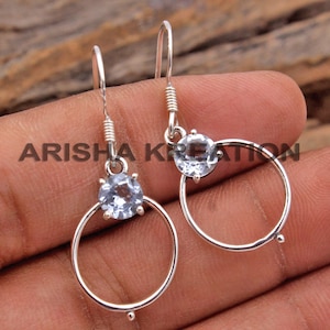 Blue Topaz Gemstone Earrings, Prong Setting Earrings, 925 Silver Earrings, Dangle Earrings, Gift For Her