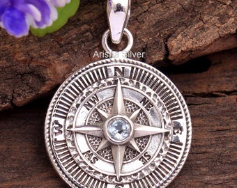 Blue Topaz Pendant, Silver Jewelry, Compass Pendant, Handmade Jewelry, Gift For Her, Citrine Pendant