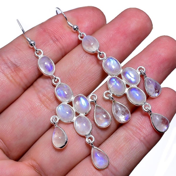 Stunning Rainbow Moonstone Gemstone Handmade Long Earrings - 925 Sterling Silver Designer Jewelry Drop & Dangle Earrings Length 2.5"- ae0210