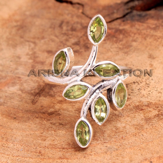 Peridot 3-stone Ring with Marquise Shape Stones Fan Design Sterling Silver Peridot 3-stone Ring with Marquise Shape Stones Fan Design Sterling Silver