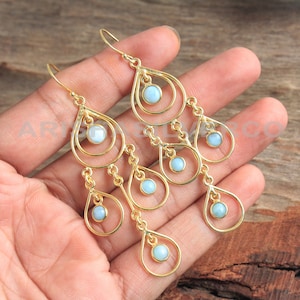 Larimar Gemstone Earring, Chandelier Earring, 925 Sterling Silver, Handmade Earring, Dangle Earring, Gold Earring, Silver Jewelry