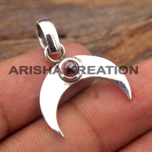925 Silver Pendant, Garnet Pendant, Crescent Moon, Healing Pendant, Anniversary Gift, Gemstone Pendant, Handmade Jewelry