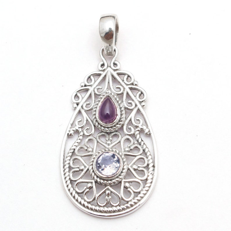 Stylish Amethyst Blue Topaz Pear /& Round Gemstone Pendant 925 Sterling Silver Handmade Designer Charm Pendant Jewelry Length 1.75 ap2967