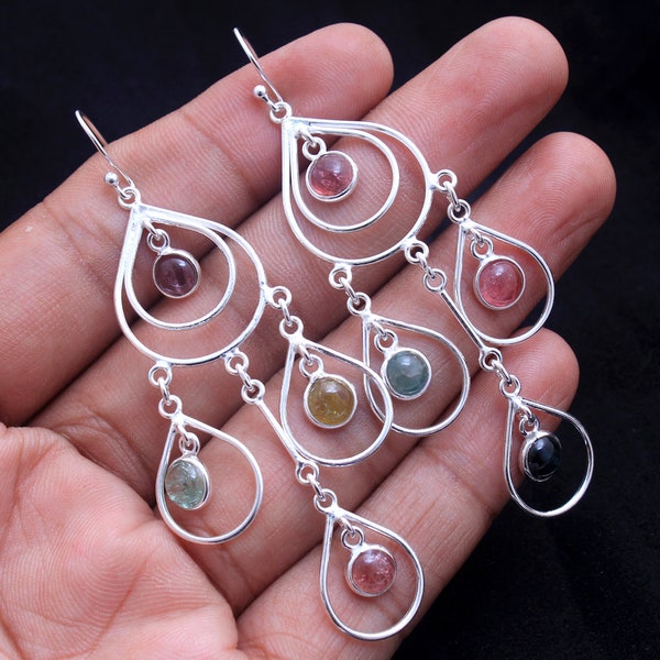 Zilveren oorbellen, Toermalijn Oorbel, Kroonluchter Oorbellen, 925 Sterling, Handgemaakte sieraden, Multi Stone Variatie, Cadeau voor haar