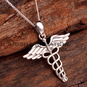 Caduceus Medical Symbol Necklace Silver Pendant Necklace F925 Sterling Silver Necklace Handmade Necklace Jewelry Length 16"  an0213