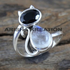 Black Onyx, Moonstone Ring, Cat Ring, 925 Sterling Silver, Handmade Jewelry, Designer Ring