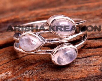 Regenbogen Mondstein Sterling Silber Ring, Drei Steine Stapeln Band