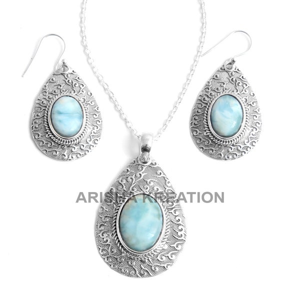 Elegant Larimar Oval Shape Gemstone Necklace Set for Gift 925