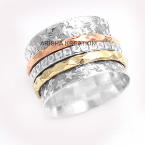 925 Sterling Silver Spinner Ring, Three Tone Meditation Band