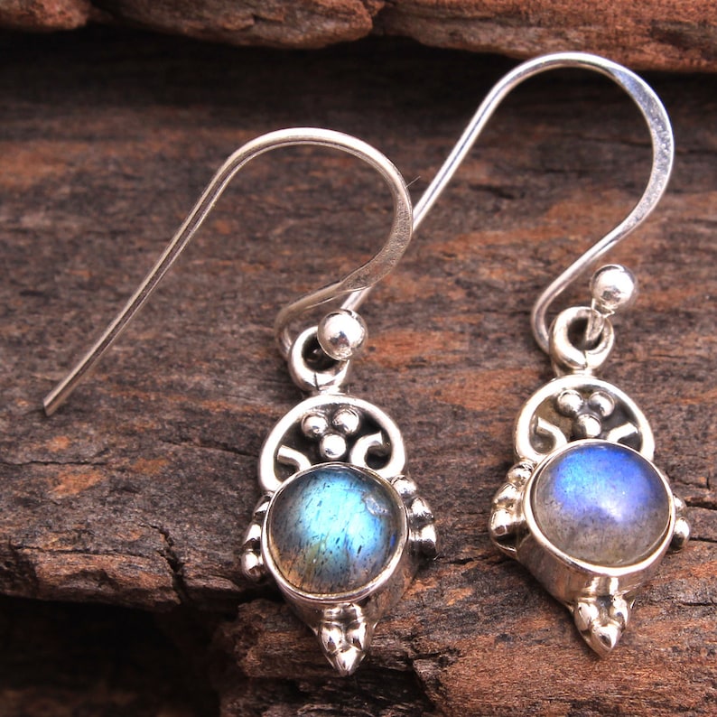 ae3635 Natural Spectrolite Labradorite Round Gemstone Dangle Earring 925 Sterling Silver Handmade Designer Dangle Earrings Length 1.2