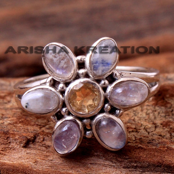 Floral Moonstone Ring, Citrine Center, Handmade 925 Sterling Silver