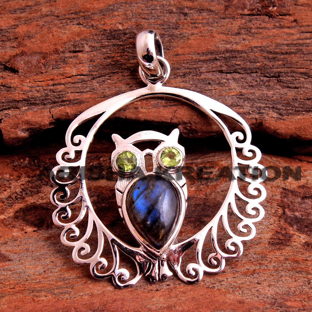 Sterling Silver Owl Pendant, Labradorite Peridot Jewelry