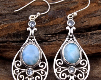 Larimar, Topaz, Gemstone Earring, 925 Sterling Silver, Handmade Jewelry, Silver Charm Earring