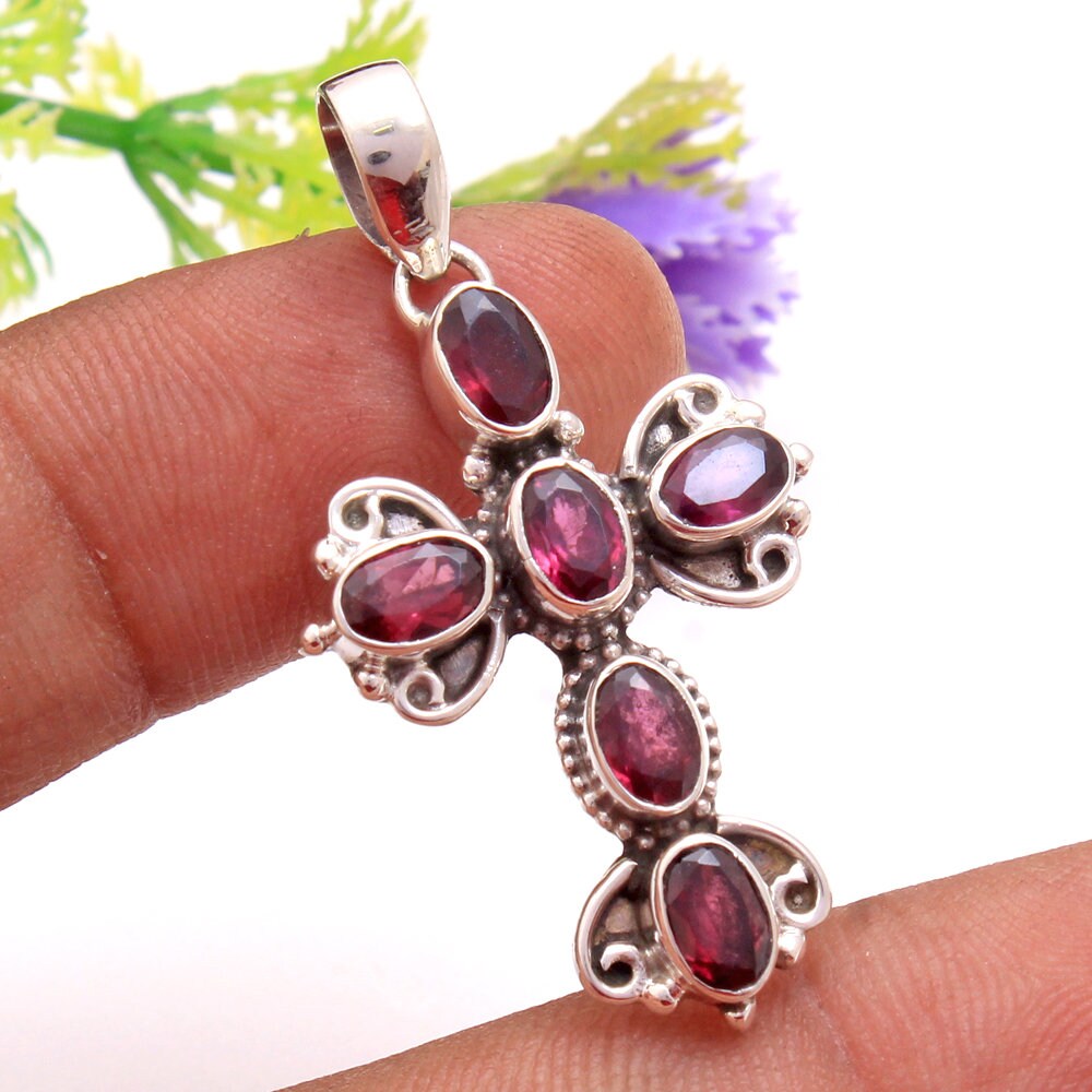 Pendentif Croix Grenat Rouge 12,5 Carats - Argent 925 Art Nouveau Pour Femme