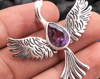 Phoenix Bird Pendant, Silver Jewelry, Amethyst Pendant, Animal Jewelry, Gift For Her