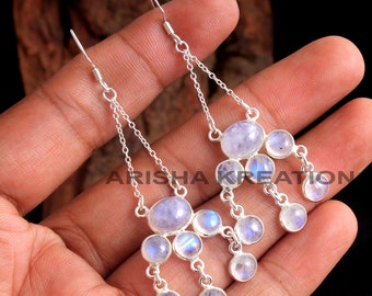 Rainbow Moonstone Round Shape Gemstone Long Earring - 925 Sterling Silver Handmade Drop & Dangle Earrings Jewelry length 2.75" - ae5135