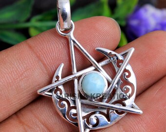 ラブラドライトの月と星の形の宝石ペンダント、ヴィンテージスタイルの