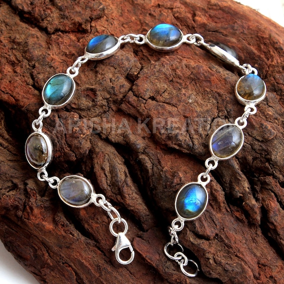 Bracelet Impilabile In Gemme Naturali 7 Pollici, Labradorite, Moonstone E Zaffiro Blu, Taglio Sfaccettato 3mm, Con Chiusura Argentata, Unisex