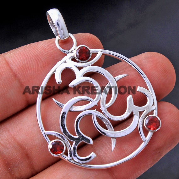 Handmade Garnet Om Pendant, 925 Sterling Silver