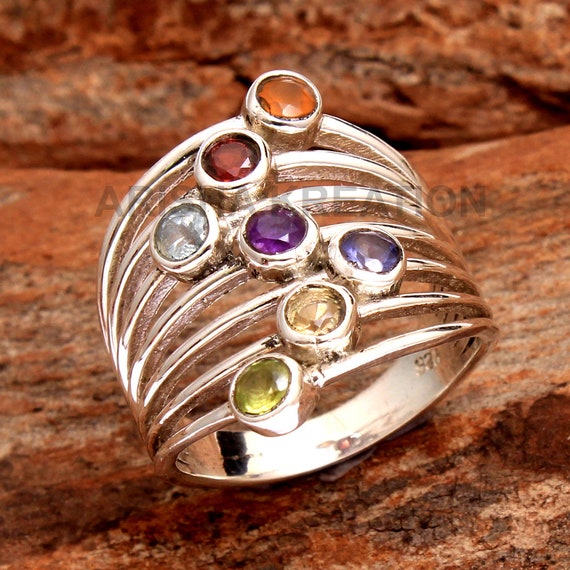 925 Sterling Silver Ring, Multi Gemstone Ring, Statement