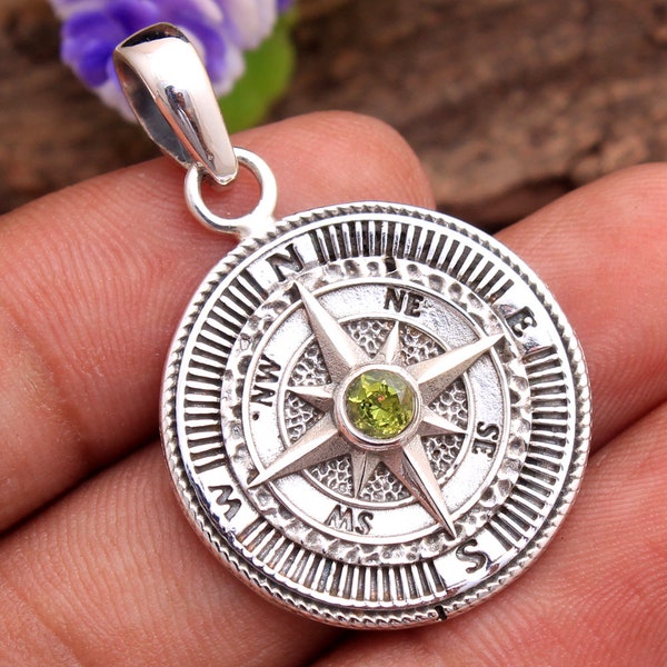 Compass Pendant, Peridot Pendant, 925 Sterling Silver, Handmade Jewelry, Gift For Her