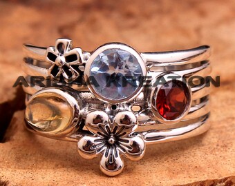 Handmade Sterling Silver Gemstone Ring – Citrine, Topaz, Garnet, US Size 7