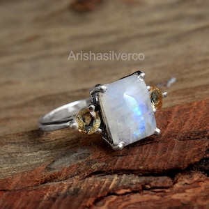 Rainbow Moonstone, Citrine Ring, 925 Silver Ring, Handmade Ring, Designer Ring, Bezel Ring, Women Ring