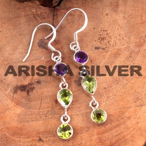 Amethyst Peridot Gemstone Earrings, Sterling Silver Dangle Earrings