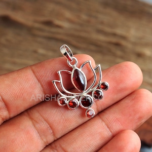 Lotus Pendant, Multi Stone Pendant, Chakra Pendant, 925 Sterling Silver, Handmade Jewelry, Gift For Her, Garnet Jewelry, Crystal Healing