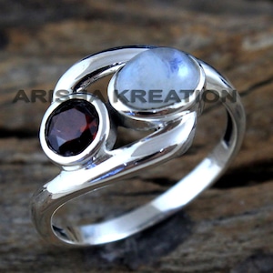Solid 925 Sterling Silver Ring, Garnet & Moonstone Ring, Handmade Jewelry, Stackable Ring, Gift For Her