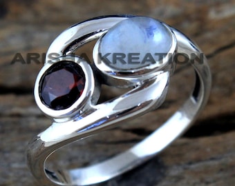 Bague En Argent 925 Avec Grenat Et Pierre De Lune - Faite Main, Taille Ronde, Style Statement