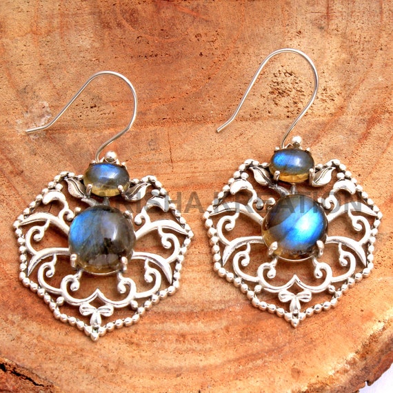 Boucles D'oreilles Vintage En Argent Sterling 925 Avec Pierre De Lune Naturelle - Longueur 2 Pouces, Fait Main En Inde