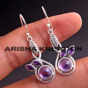 Women Dangle Earrings, 925 Silver Earrings, Women Gemstone Earrings, Amethyst Jewelry, Leaf Earrings