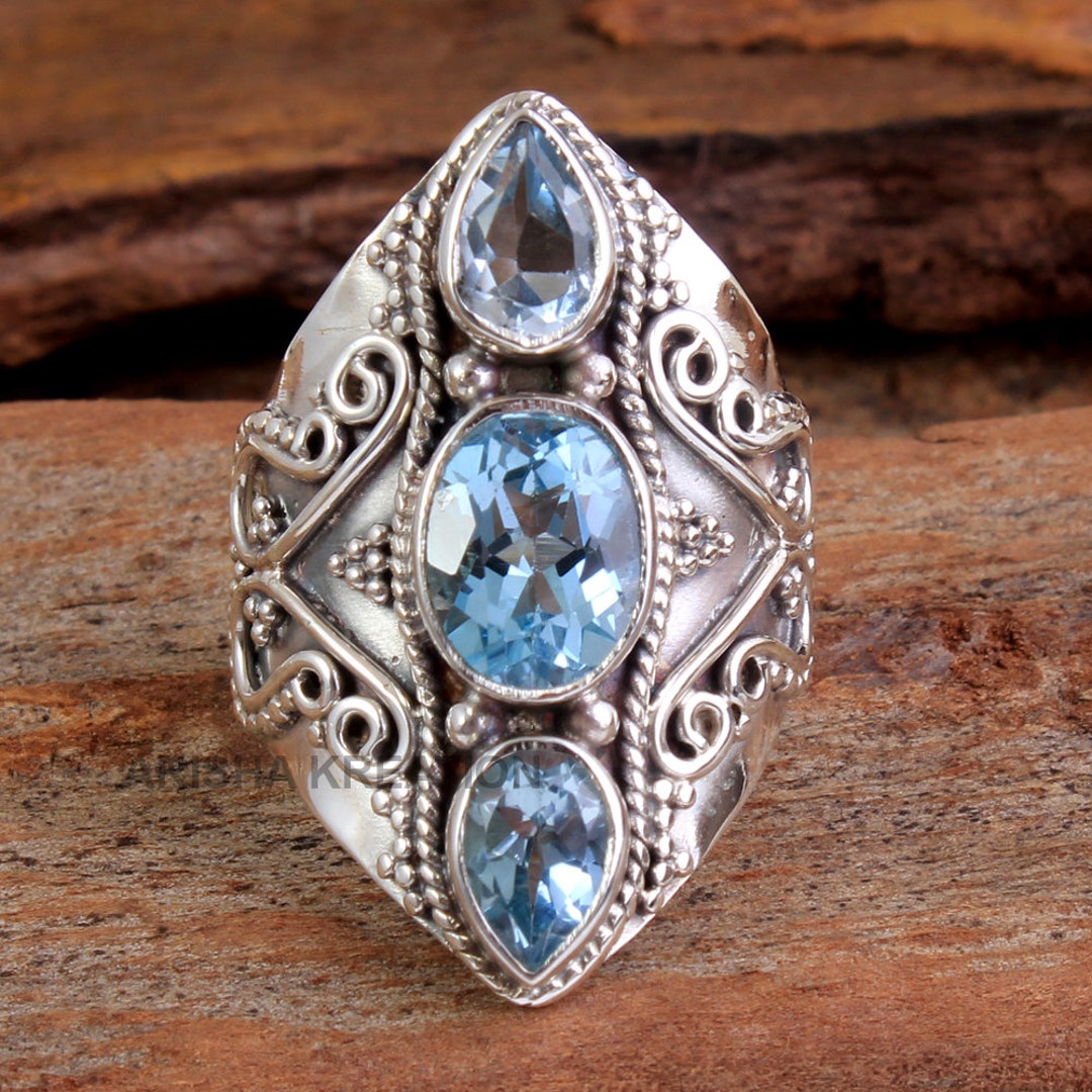 Faceted Blue Topaz Gemstone Bali Style Ring for New Year