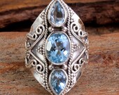 Faceted Blue Topaz Gemstone Bali Style Ring for New Year