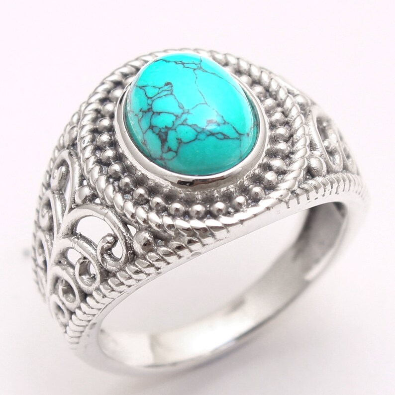 ar4536 Filigree Design Turquoise Oval Shape Gemstone Solid Ring 925 Sterling Silver Handmade Designer Ring Jewelry Size US 7.75