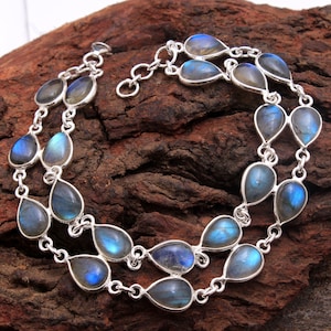 Silver Bracelet, Labradorite, Moonstone Bracelet, Gemstone Bracelet, Handmade Jewelry, Valentine&#39;s Day Gift
