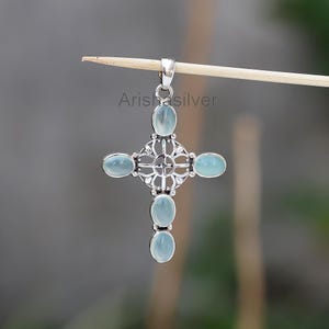 Aquamarine Gemstone Pendant, 925 Sterling Solid Silver Pendant, Cross Pendant, Anniversary Gift, Fashion Jewelry