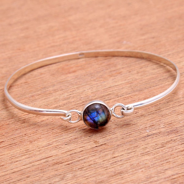 Labradorite Bangle Bracelet: Handmade 925 Sterling Silver Jewelry (7.5")