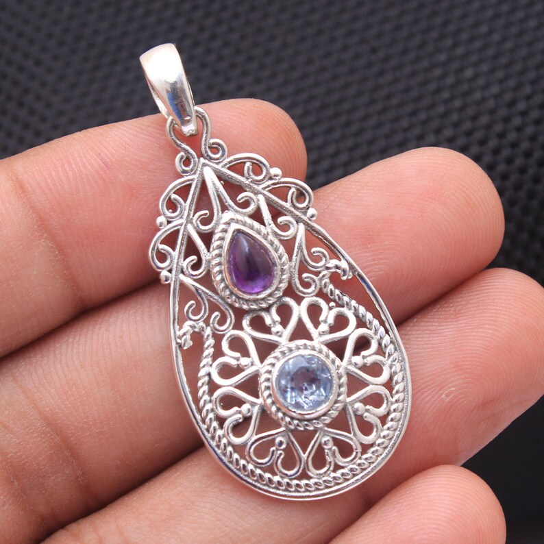 Stylish Amethyst Blue Topaz Pear /& Round Gemstone Pendant 925 Sterling Silver Handmade Designer Charm Pendant Jewelry Length 1.75 ap2967