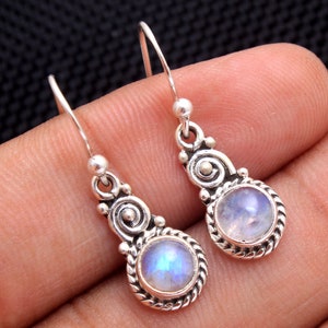 Rainbow Moonstone Round Gemstone Earring - 925 Sterling Silver Handmade Designer Drop & Dangle Earrings Length 1.1 - Multi Stone Variation