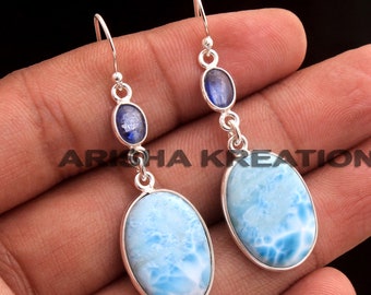 Larimar Kyanite Oval Shape Gemstone Earring For Valentine's Day - 925 Sterling Silver Handmade Designer Earring Jewelry Length 2"- ae5407