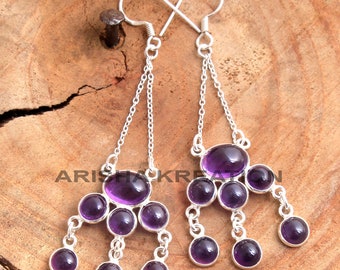 Purple Amethyst Round Shape Gemstone Long Earring - 925 Sterling Silver Handmade Drop & Dangle Earrings Jewelry length 2.75" - ae5134